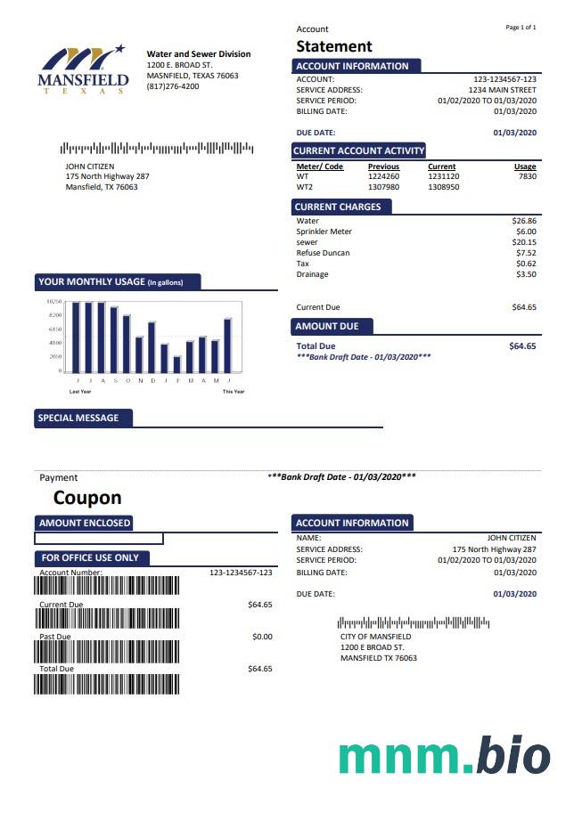 Szablon rachunku za media w USA Mansfield Texas w formacie Word i PDF